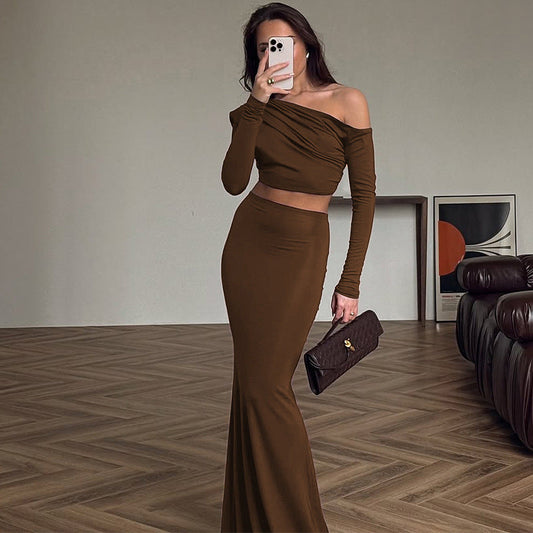In Women Clothing Summer Shoulder Baring Long Sleeved Top Slim Skirt Two Piece Sets Women