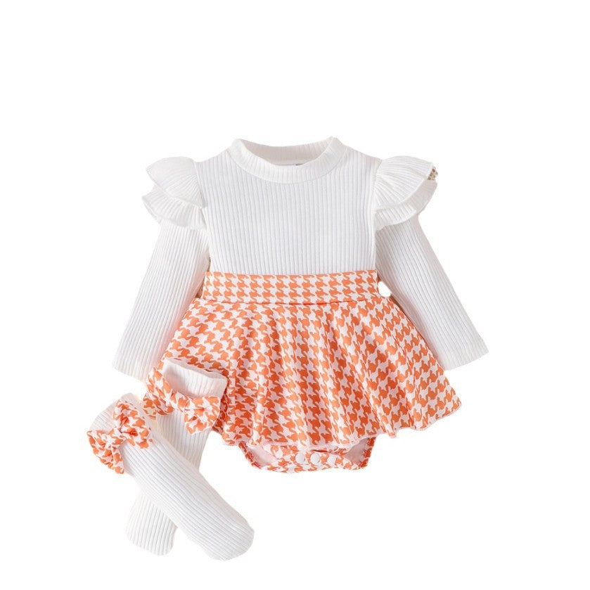 Sunken Stripe Long Sleeve Stitching Houndstooth Skirt One-Piece Romper