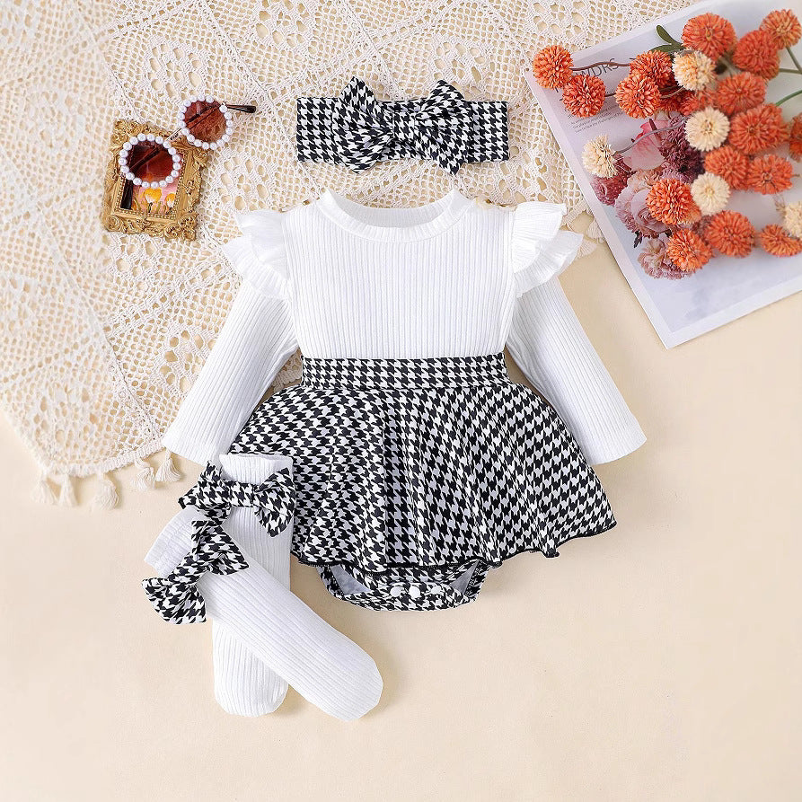 Sunken Stripe Long Sleeve Stitching Houndstooth Skirt One-Piece Romper