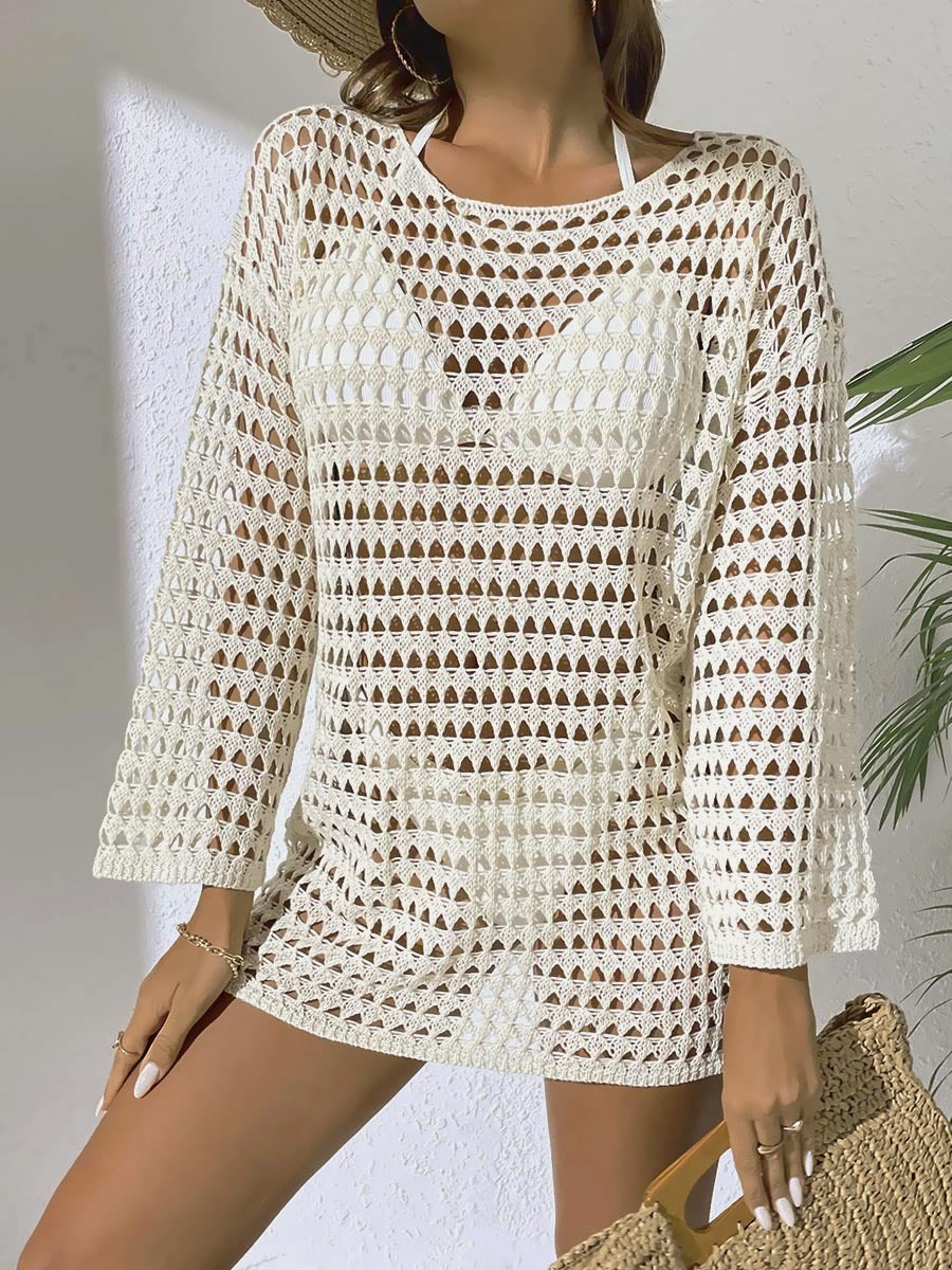 Summer Women Sexy Knitted Hollow Out Cutout Out Pullover Round Neck Long Sleeves Bikini Swimsuit Blouse