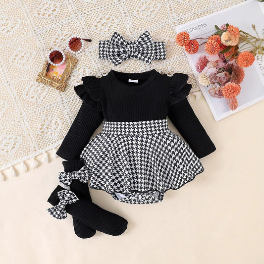 Sunken Stripe Long Sleeve Stitching Houndstooth Skirt One-Piece Romper