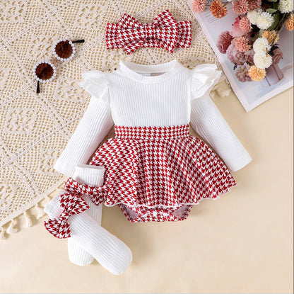 Sunken Stripe Long Sleeve Stitching Houndstooth Skirt One-Piece Romper