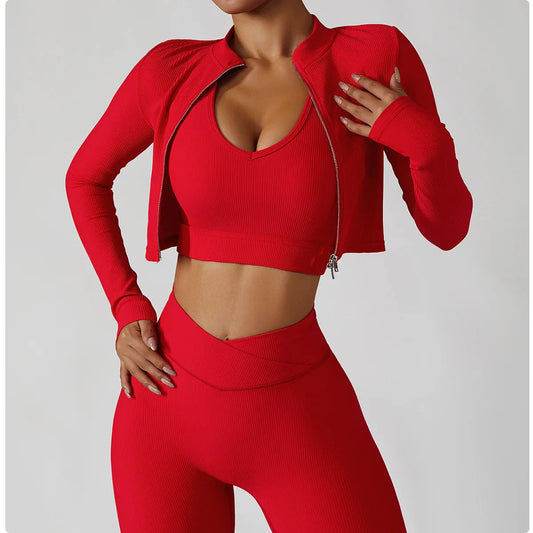 3-Piece Seamless Yoga Set – Jacket, Bra & Leggings
