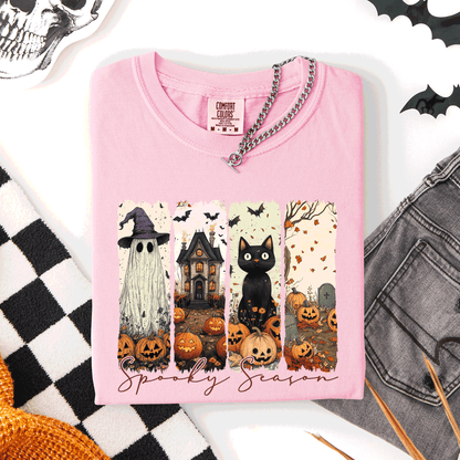 Spooky Season Stripes Halloween Cat Ghost Pumpkins Autumn Fall Comfort Colors Tee