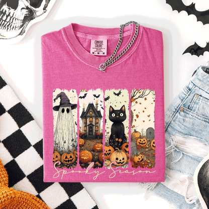 Spooky Season Stripes Halloween Cat Ghost Pumpkins Autumn Fall Comfort Colors Tee