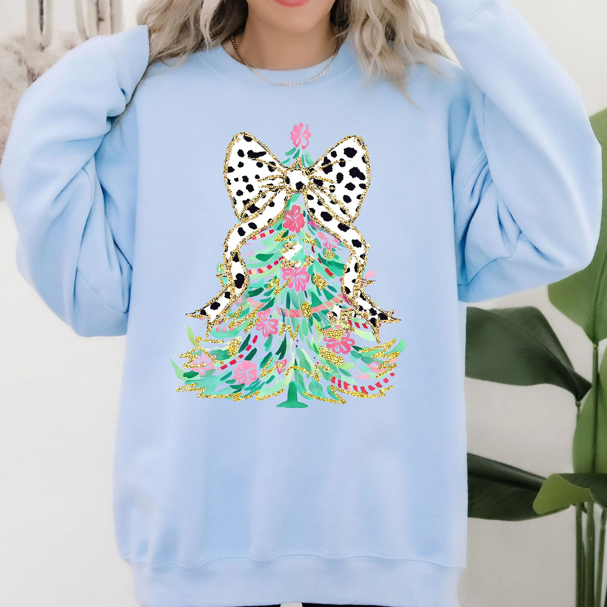 Whimsical Pastel Christmas Tree, Coquette, Ribbon, Bow, Dalmatian Print, Xmas Sweatshirt