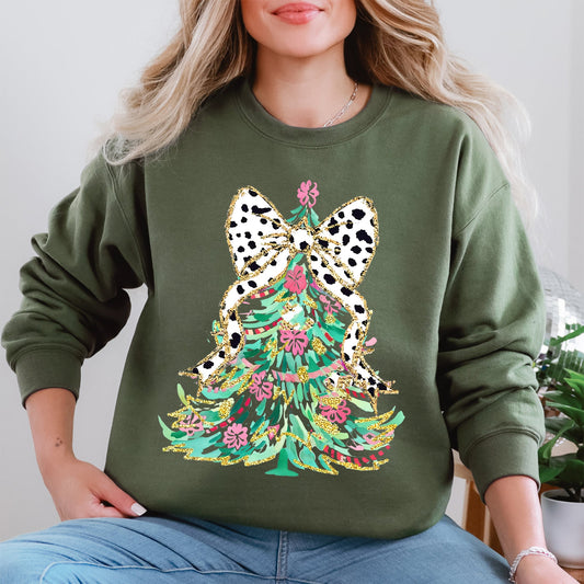 Whimsical Pastel Christmas Tree, Coquette, Ribbon, Bow, Dalmatian Print, Xmas Sweatshirt