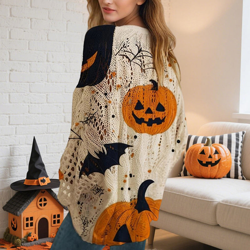 Women’s Hollow Out Batwing Top – Halloween Pumpkin Print Blouse