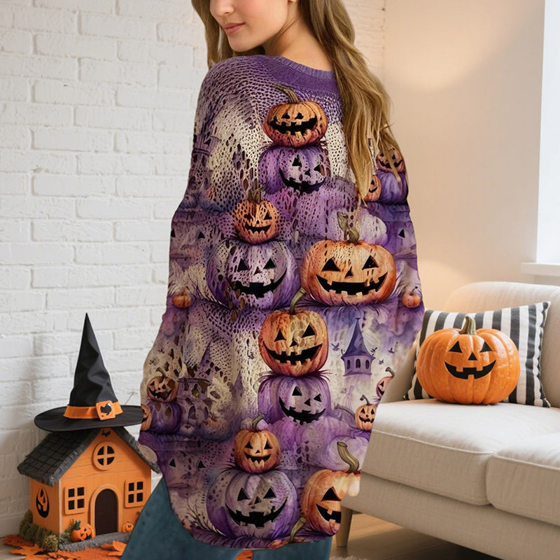 Women’s Hollow Out Batwing Top – Halloween Pumpkin Print Blouse