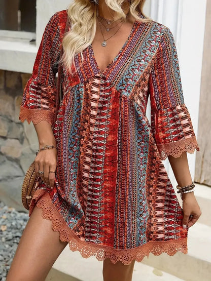 Lace Trim Printed V-Neck 3/4 Sleeve Dress