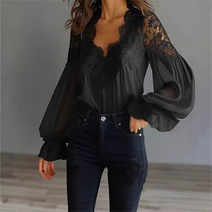 Womens Lace-Patchwork Ruffle-Shoulder Pleated Shirt
