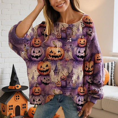 Women’s Hollow Out Batwing Top – Halloween Pumpkin Print Blouse