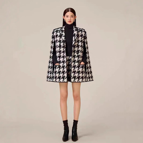 Houndstooth Woolen Cape Coat & Shorts – Elegant & Fashionable Set