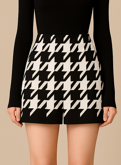 Houndstooth Woolen Cape Coat & Shorts – Elegant & Fashionable Set