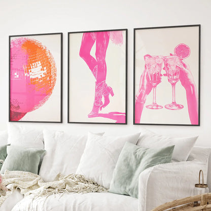 Funky Preppy Pink Wall Art. Set of 3 Girl Power Posters for Apartment or Dorm