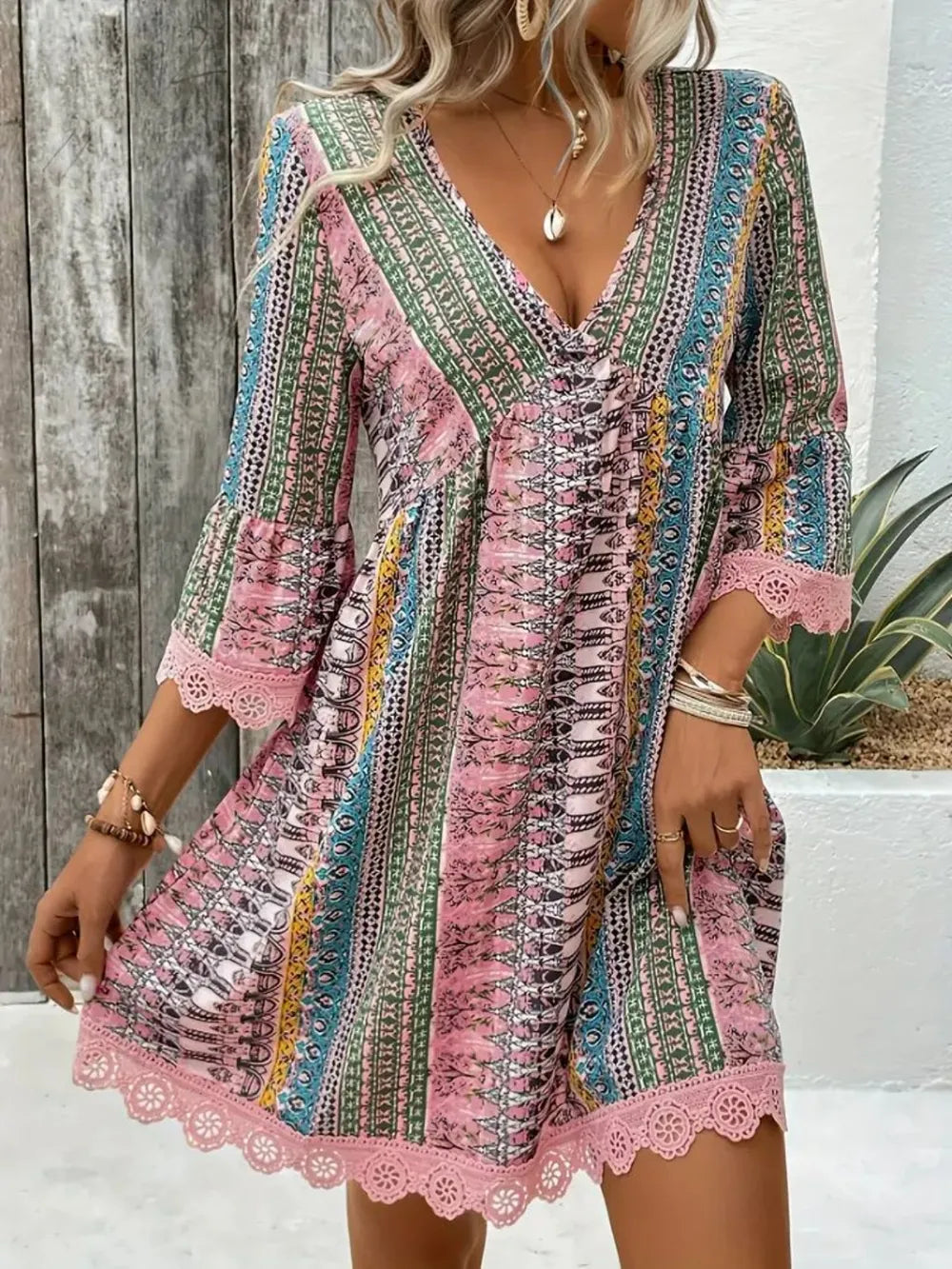 Lace Trim Printed V-Neck 3/4 Sleeve Dress