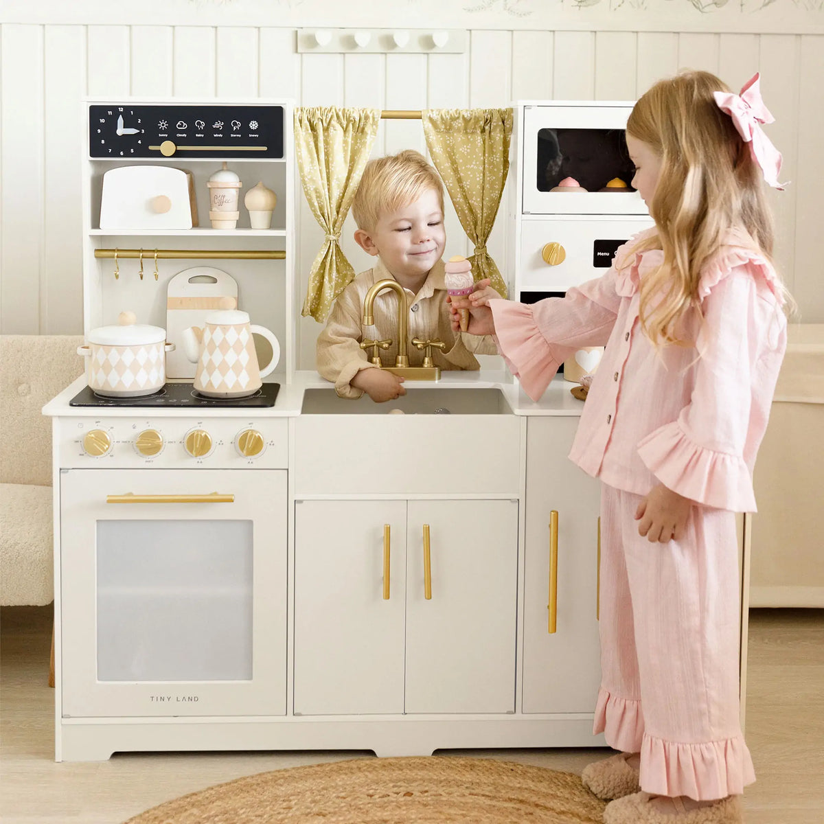 Tiny Land Iconic Wooden Play Kitchen – Cream Pretend Cooking Set for Kids