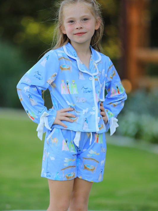 Blue Christmas Nativity Pattern Girls Pajamas Set